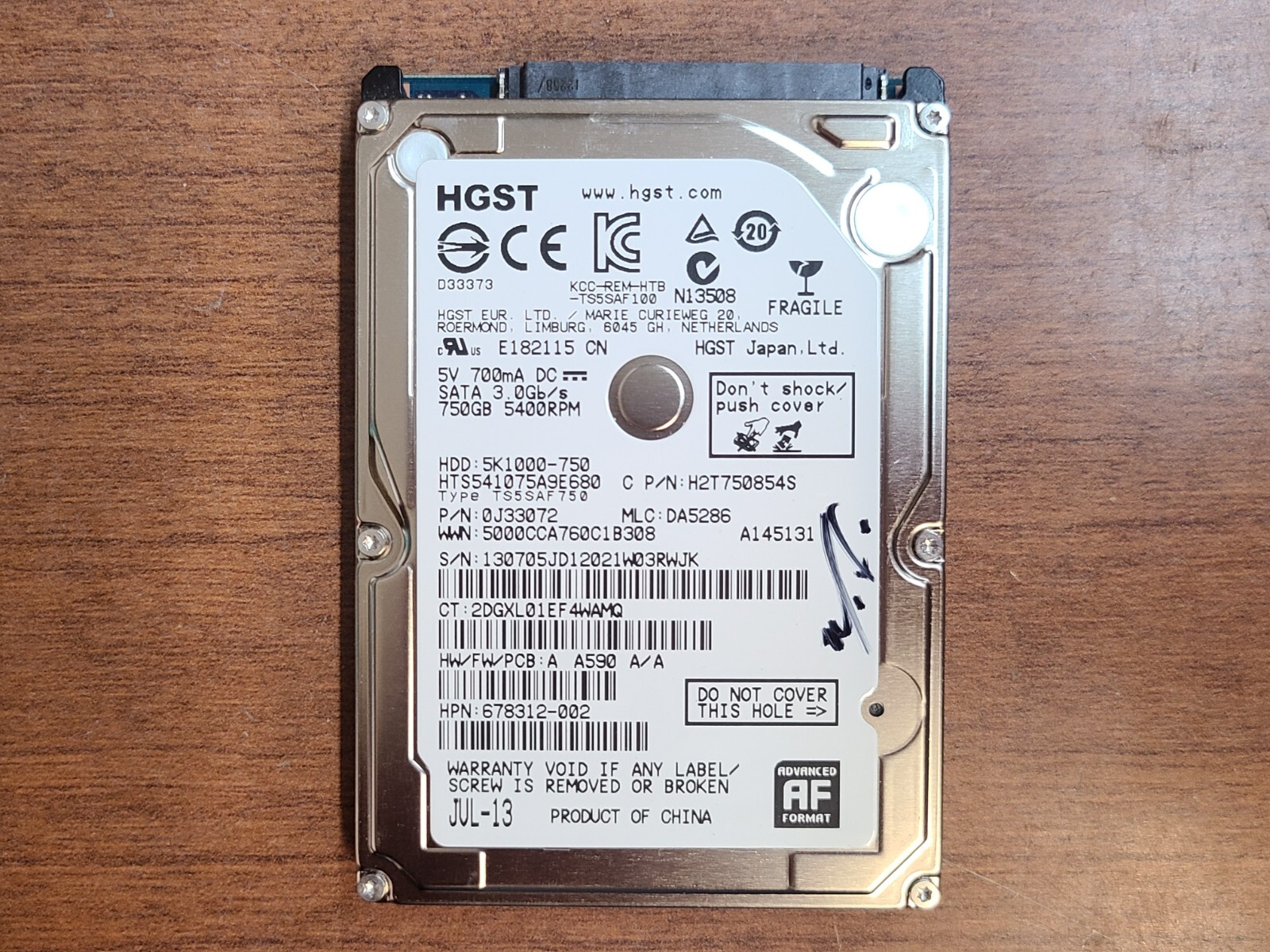HGST HTS541075A9E680 WINDOWS 8.1 750GB 5400RPM HDD HARD DRIVE H2T750854S 0J33072