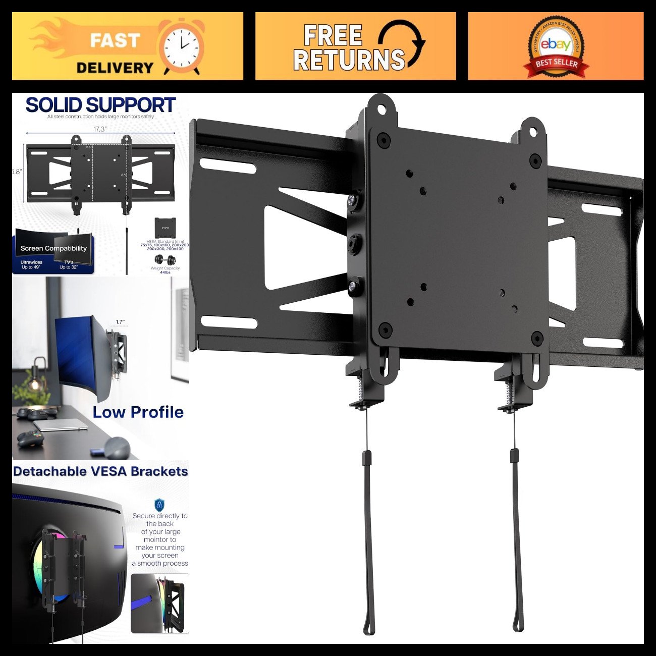 Low Profile Ultrawide Wall Mount for 49" Screens - Adjustable TV Bracket, Easy I