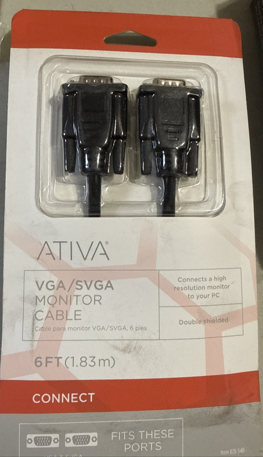 ATIVA VGA/SVGA Monitor Cable 6ft HDB15 male plugs High Resolution