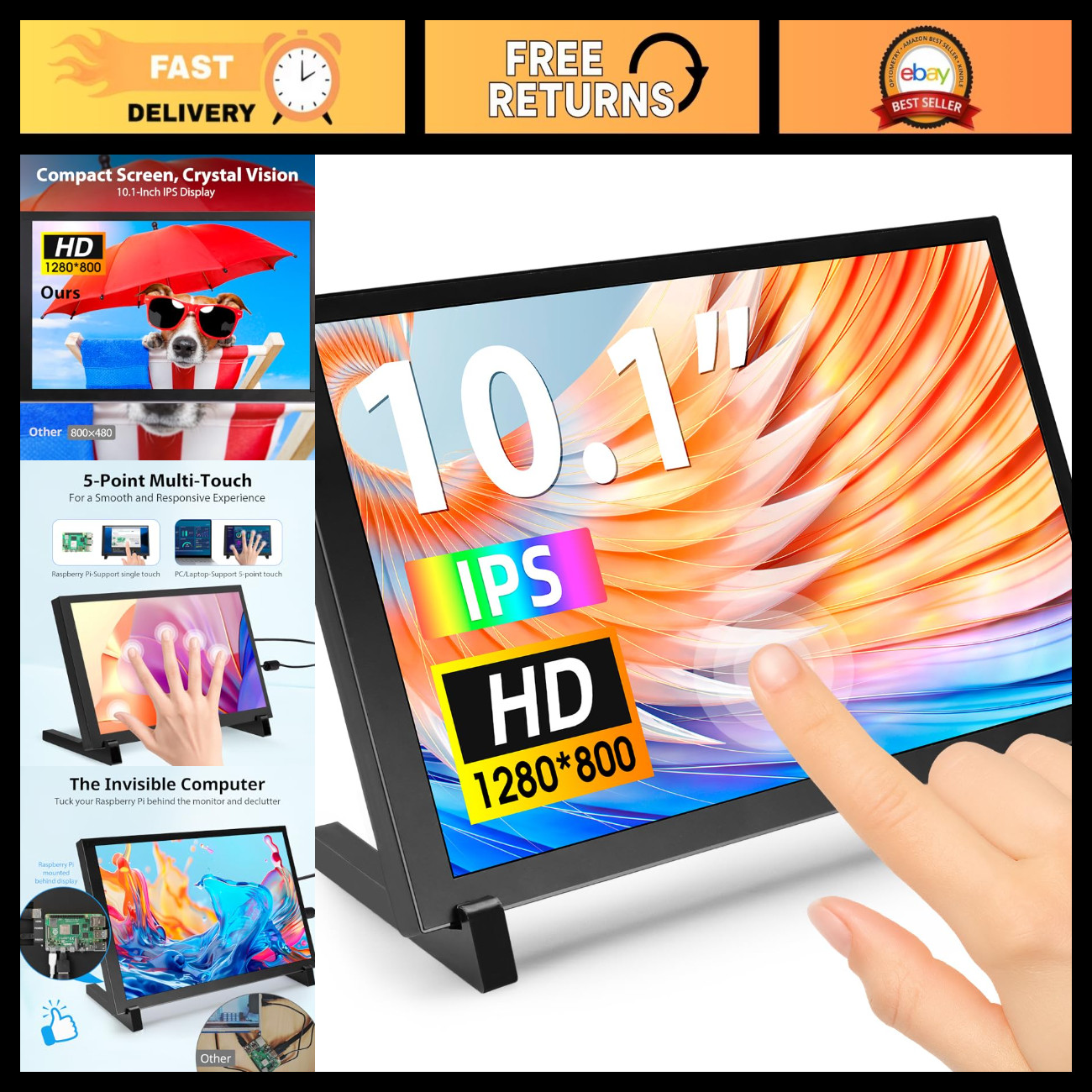 10.1" Touchscreen Monitor, 1280x800 IPS HD Display, Portable Touch Screen for Ra