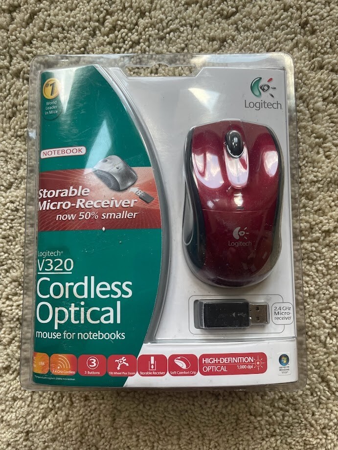 Red Logitech V320  Cordless Optical Mouse for NOTEBOOK 2.4 GHz Micro Receiver