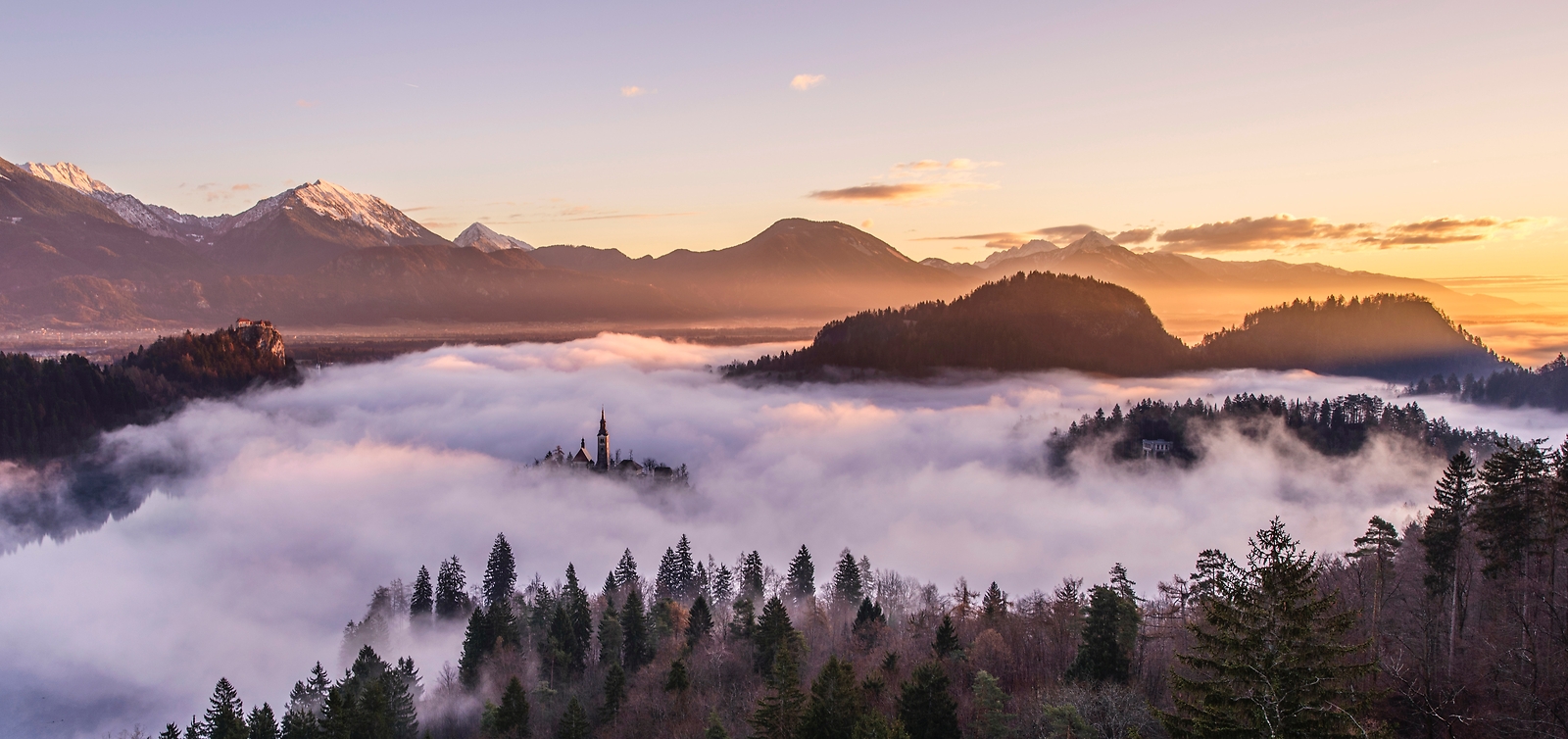 Landscape nature slovenia lake bled sunrise mist Custom Gaming Mat Desk