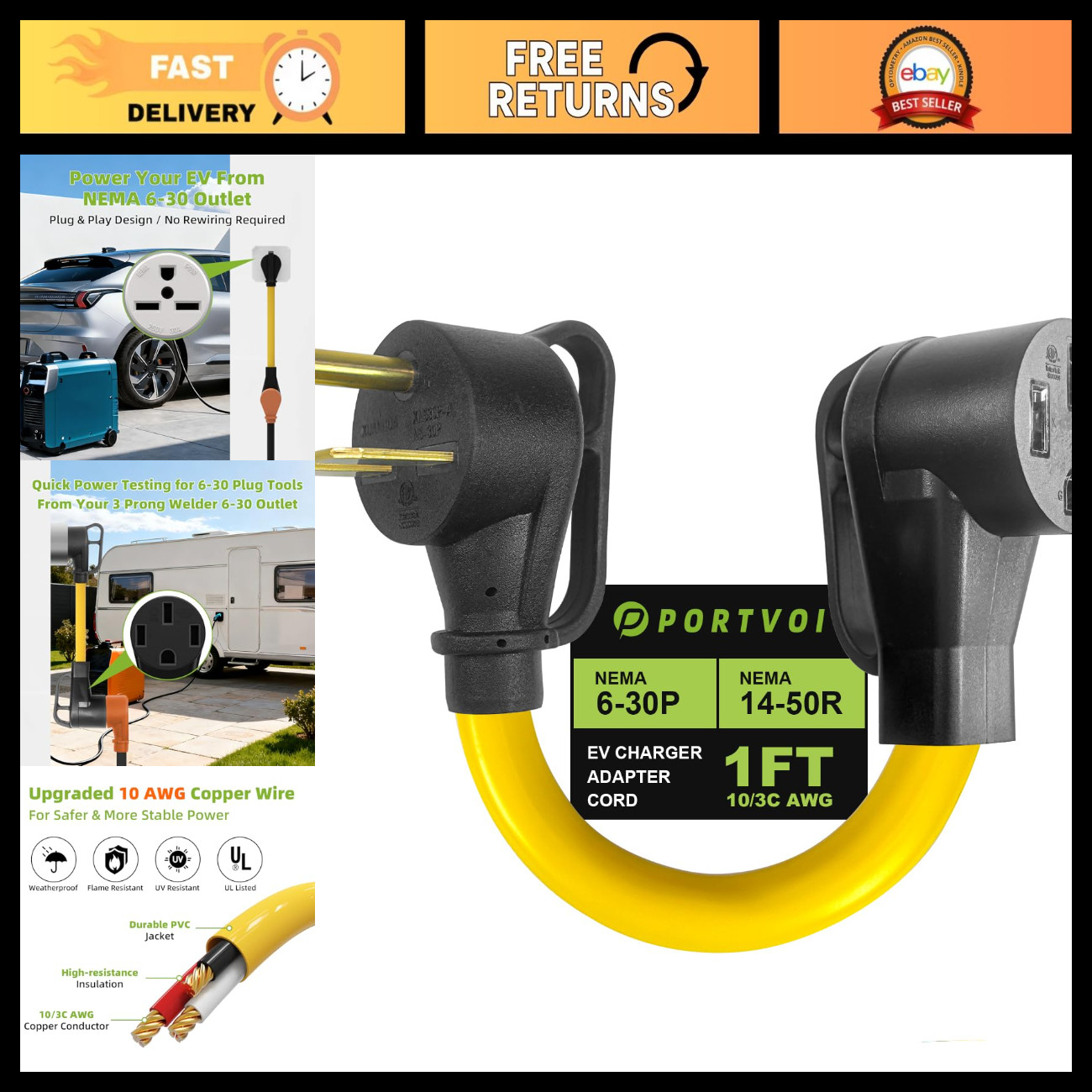 30 Amp to 50 Amp EV Power Adapter Cord, NEMA 6-30P to 14-50R, 1FT Charging Cable