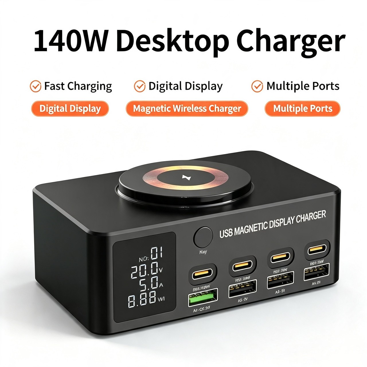 Fast Charging Adapter 140W USB C USB A Charger Magnetic Wireless Station PD 100W