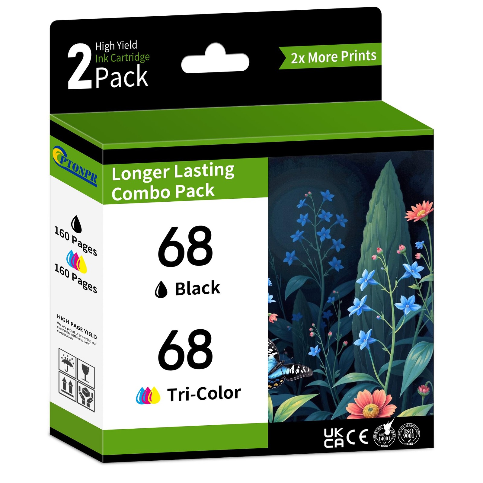 PTONPR 68 Ink Cartridges 2 Pack Replacement for HP'S 68 other, Black Tricolor