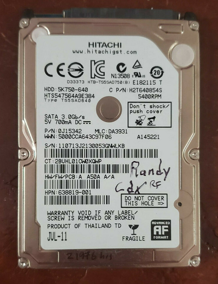 Hitachi HTS547564A9E384 640GB, Internal, 5400 RPM 2.5" Hard Drive Storage, As-is