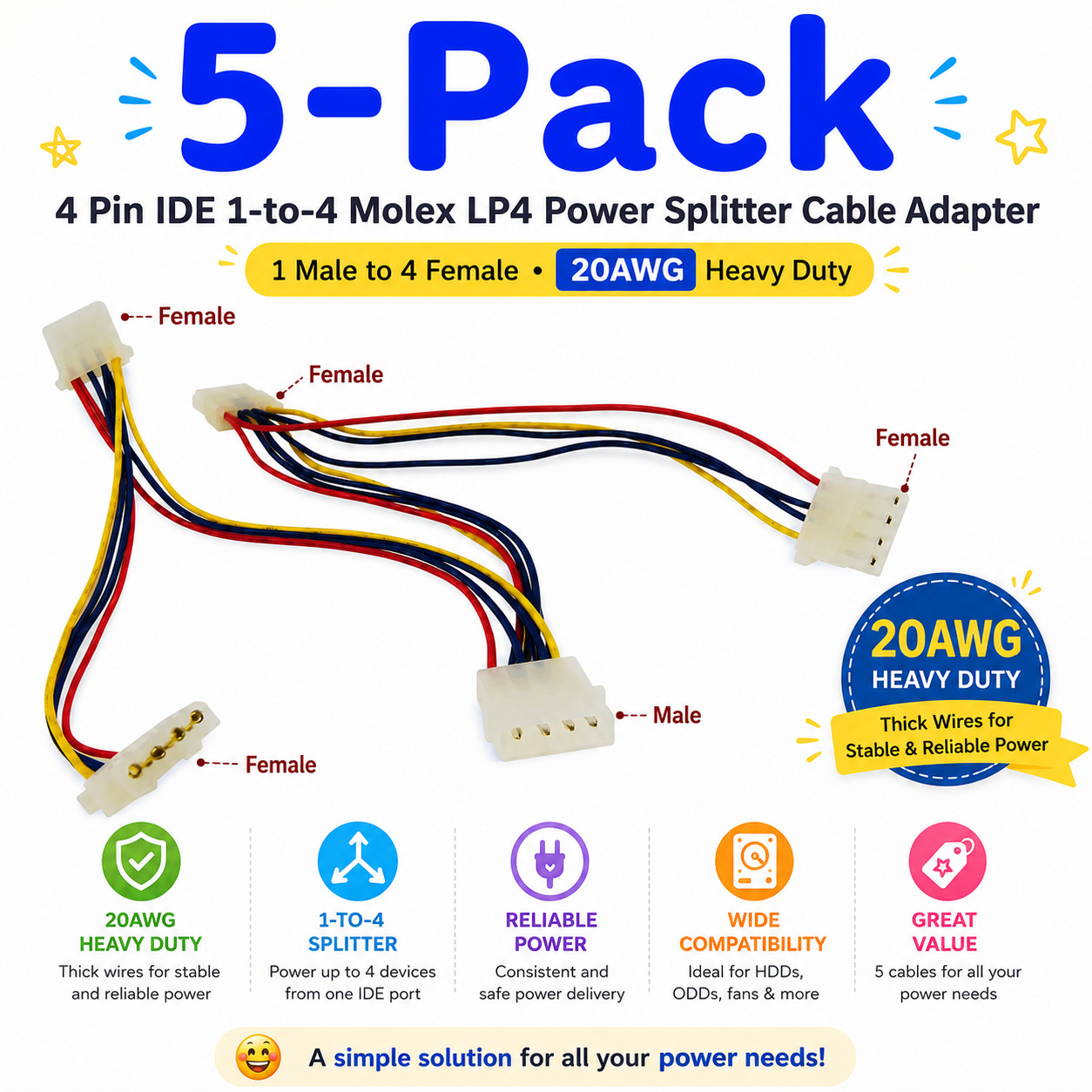 4-Pin IDE to 4x Molex LP4 Power Splitter Adapter Cable 20AWG Heavy Duty (5-Pack)