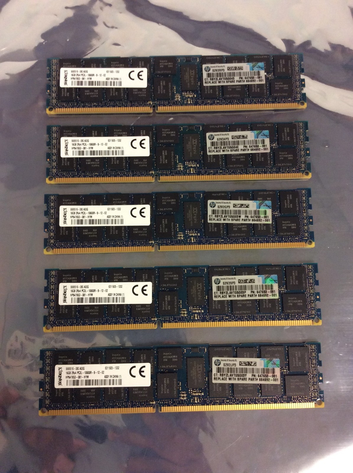 5x Kingston 16GB 2Rx4 PC3L-10600R Server Memory Ram HP647653-081, WOKRING, QTY