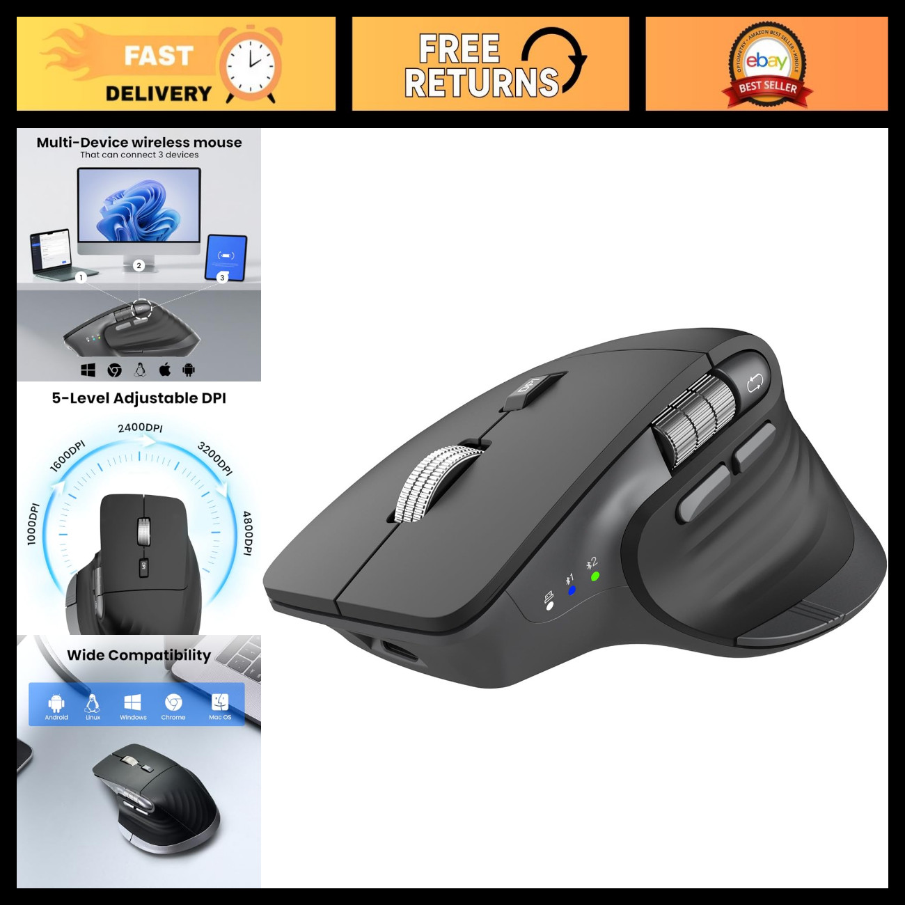 Ergonomic Wireless Bluetooth Mouse, Rechargeable, Silent Click, 4800 DPI, Multi-
