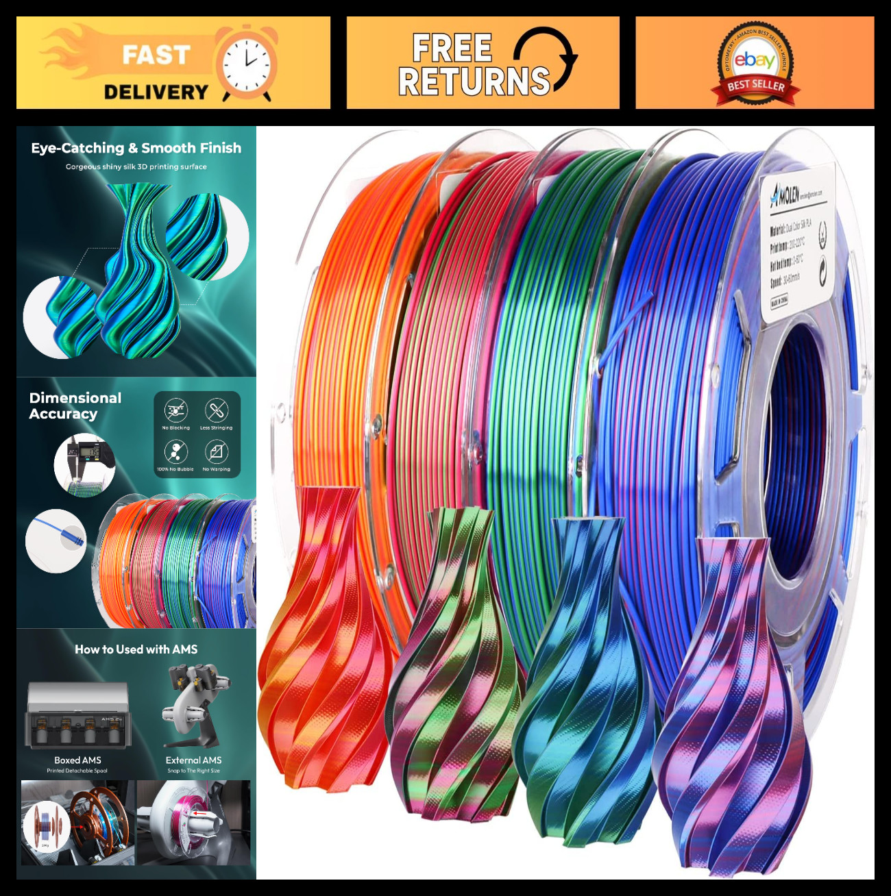 Shiny Dual Color 3D Printer Filament Bundle - 1.75mm Multi Color Change, 4 Spool
