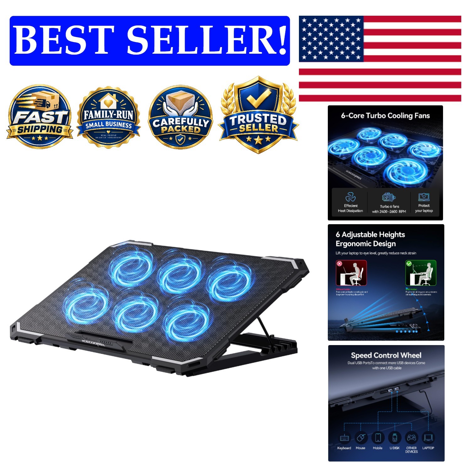 Versatile Laptop Cooler with 6 Fans & Height Adjust for Optimal Performance