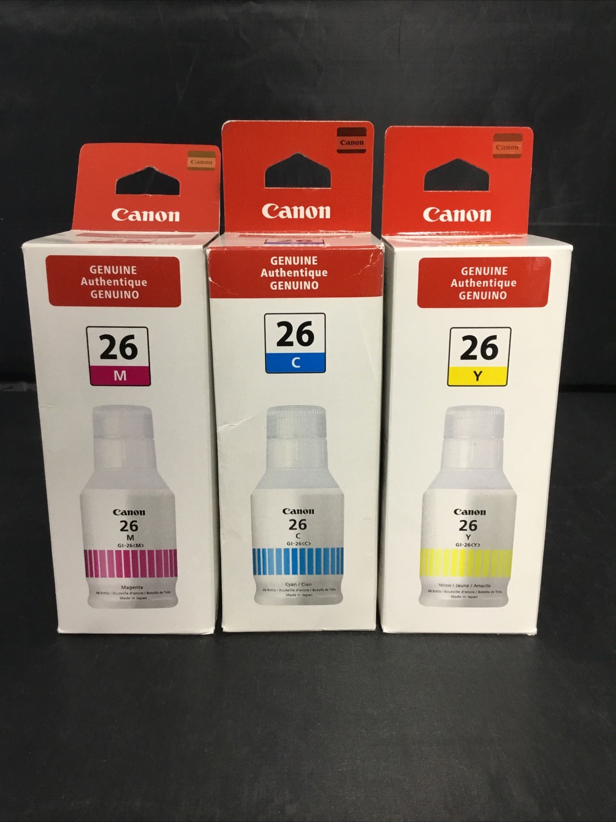 Genuine Canon GI-26 Color Ink Bottles MAGENTA/CYAN/YELLOW 3 PACK BRAND NEW