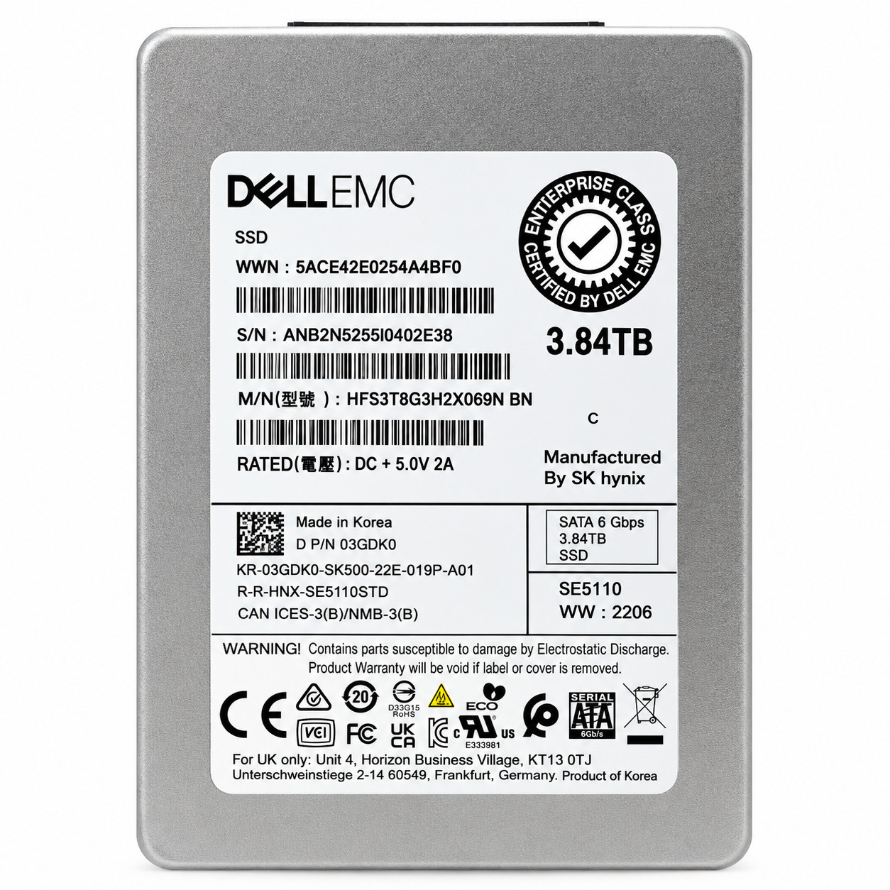 Dell 3GDK0 SK Hynix SE5110 HFS3T8G3H2X069N 3.84TB SATA 6Gb/s 2.5" SSD