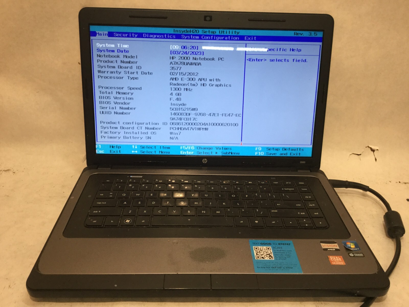 HP 2000-416DX / AMD E-300 @ 1.30GHz / (MISSING PARTS) -MR