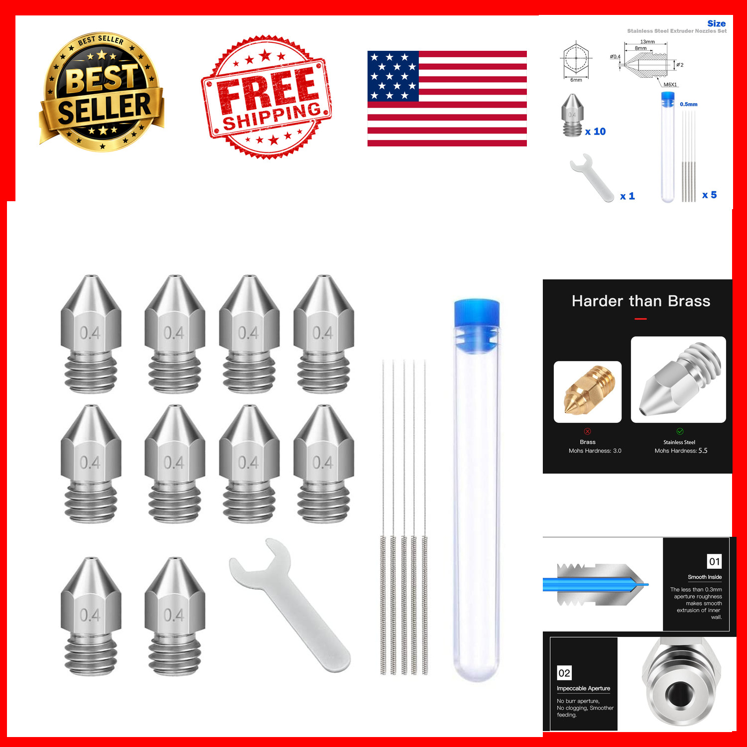 3D Printer Stainless Steel Nozzle Set 10 Piece 0.4mm MK8 with Cleaning Needles