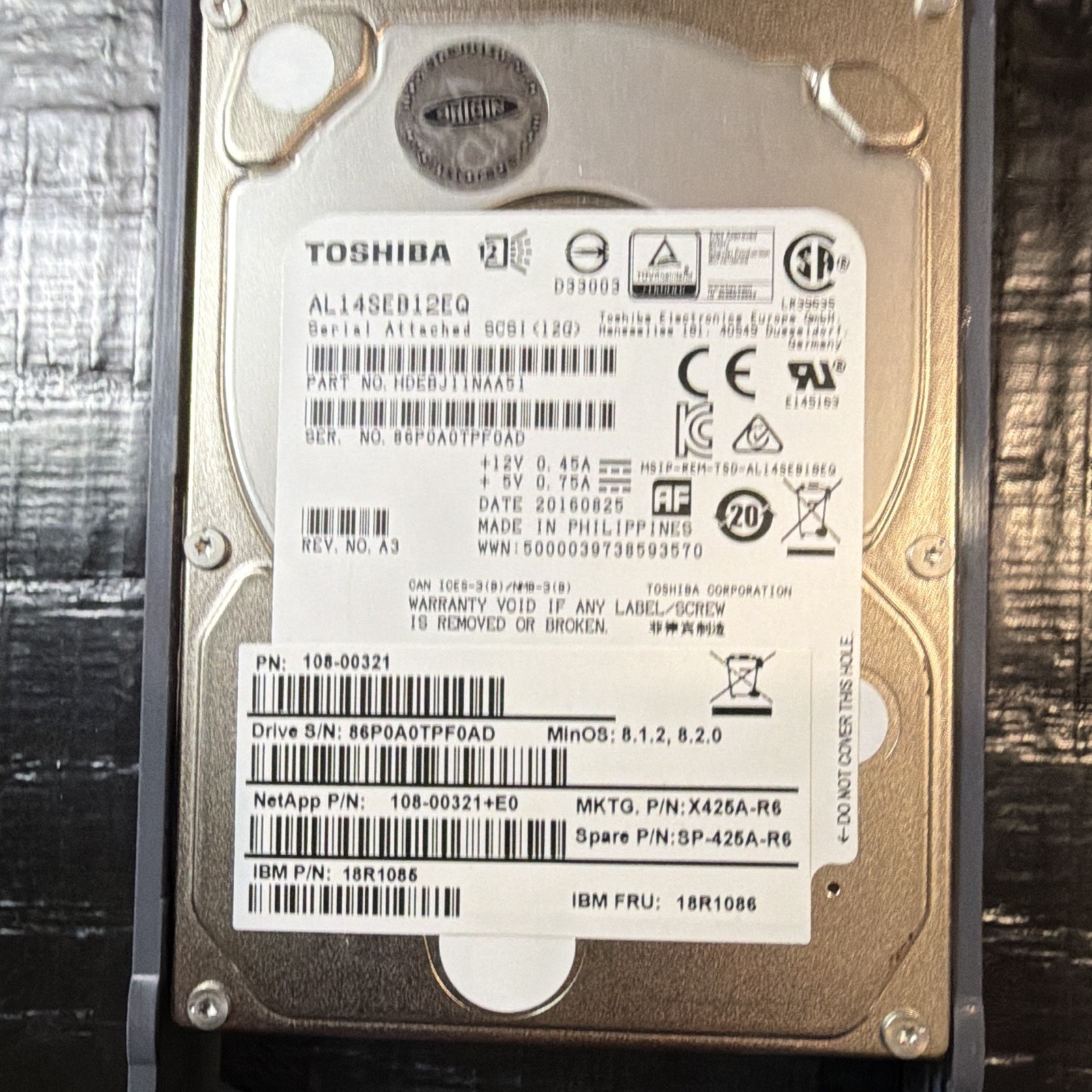 Toshiba AL14SEB12EQ SAS Hard Drive w/ Caddy Tray, NetApp/IBM Labeled