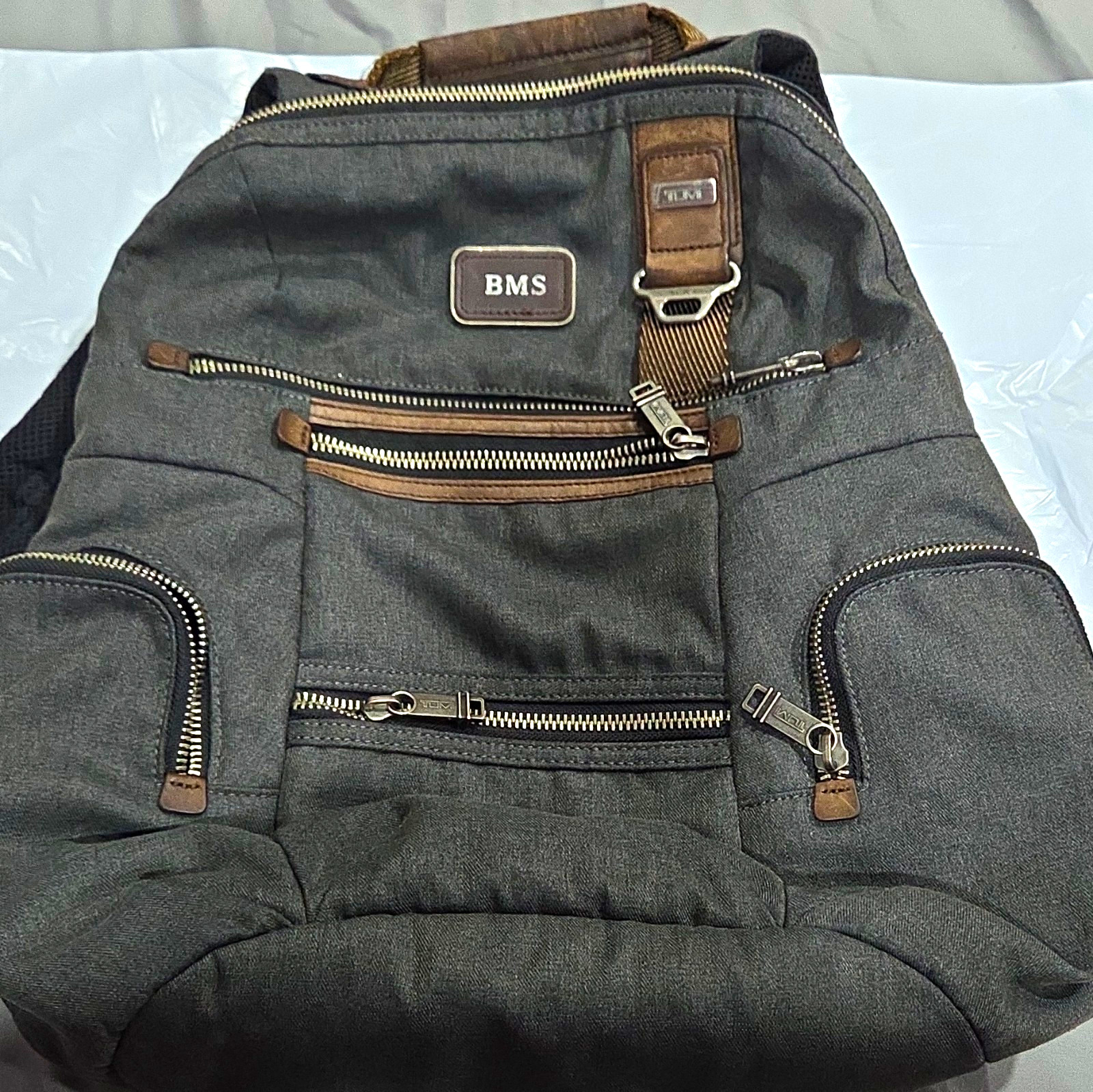 TUMI Solid Gray Nylon Laptop Backpack Brown Trim Padded Adjustable Straps