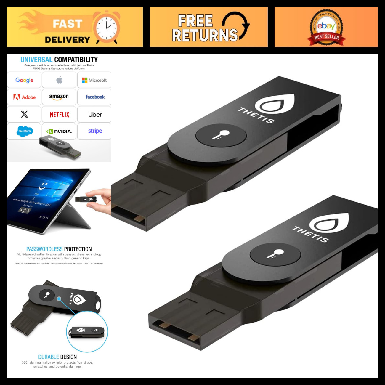 2-Pack FIDO2 Security Key USB-A | Hardware MFA & Passkey for Business, Schools,