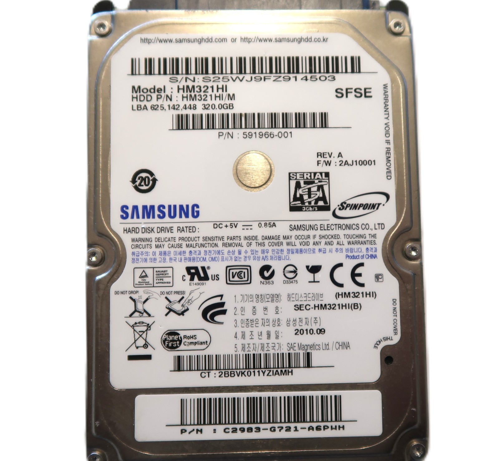 Samsung HM321HI HM321HI/M REVA 2AJ10001 C2983-G721 2.5" 320gb Sata HDD 2010.09