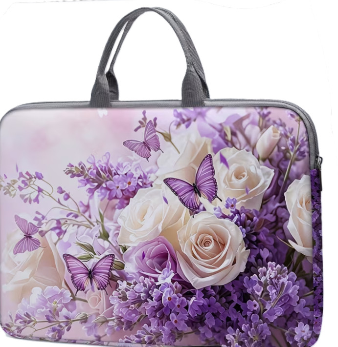 Purple butterfly, white rose print 14 inch laptop bag, zipper closure.