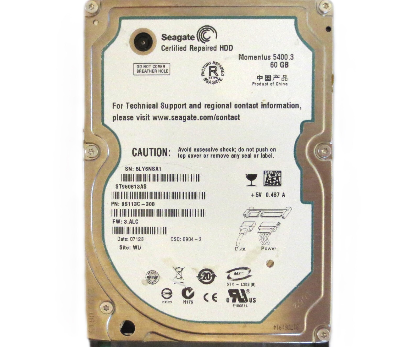 Seagate ST960813AS 9S113C-308 3.ALC (5YL) WU China 60gb 2.5" Sata HDD 09/2006