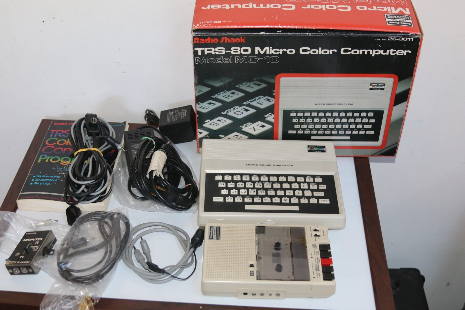 Vtg. Radio Shack TRS-80 MC-10 Computer w/Box CCR-82 Recorder Cables Parts Repair