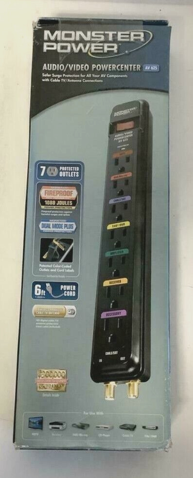 NEW Monster Power AV 625 PowerCenter Premium Surge Protector 7 Outlets Black