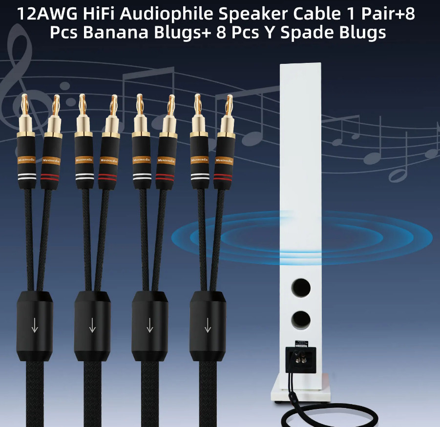 HiFi Audio Speaker Cable Loudspeaker Wire with Banana Connectors & Y Spade Plug