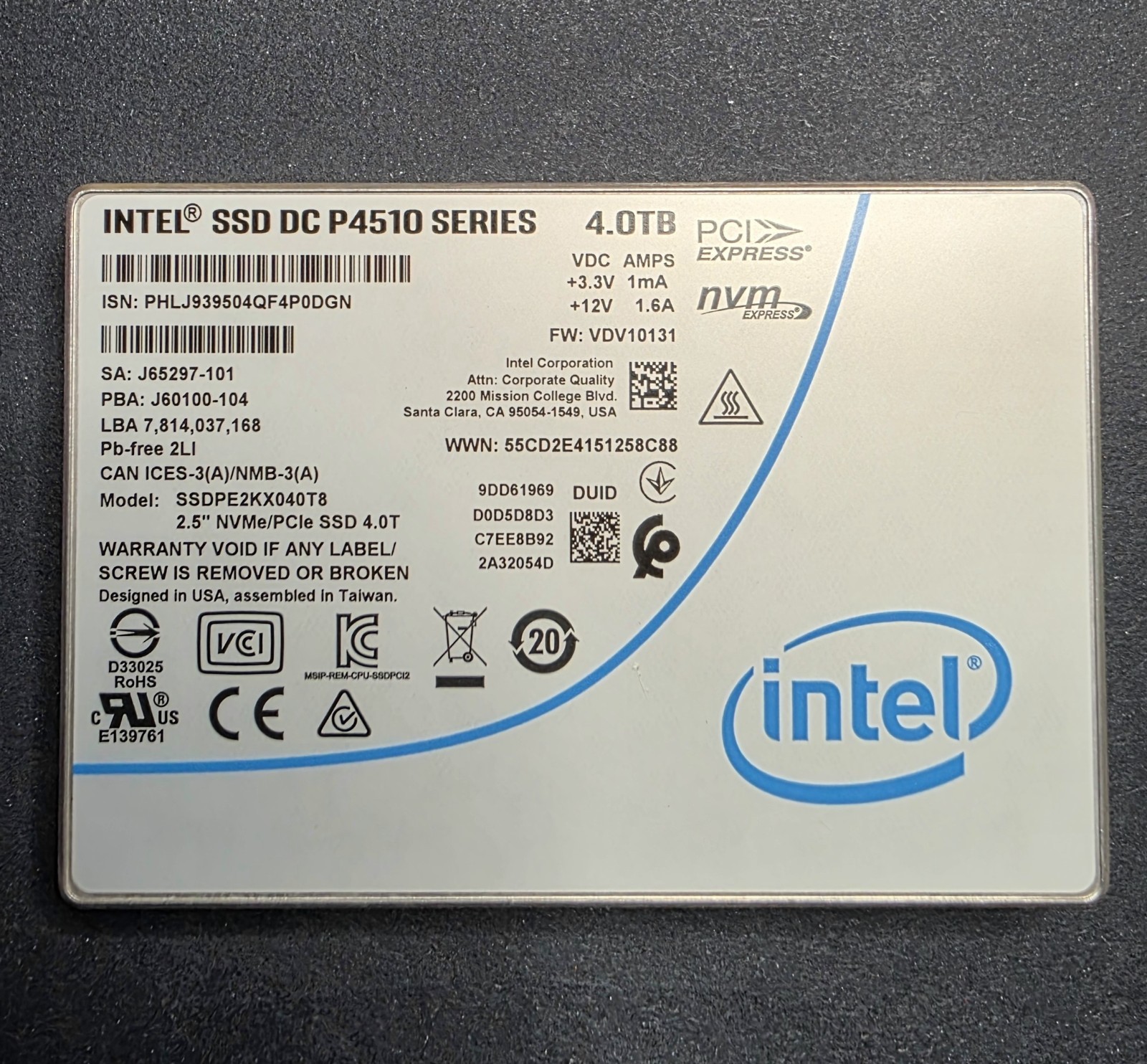 Intel DC P4510 Series 4TB U.2 NVMe PCIe 2.5'' SSDPE2KX040T8 Solid State Drive