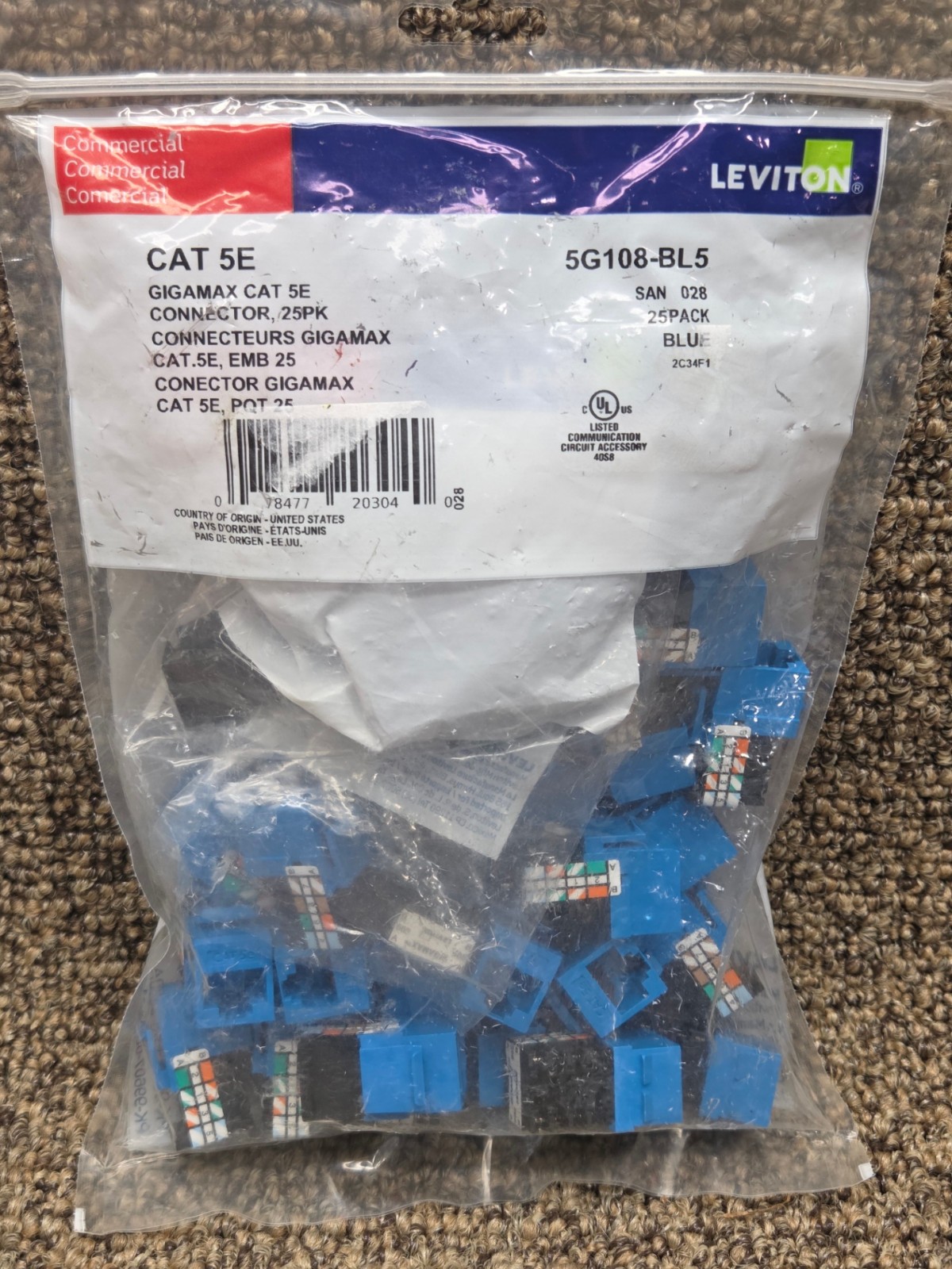 Leviton GigaMax Cat 5e RJ-45 Connector T568A/B Blue/Black 5G108-BL5 *25 count*