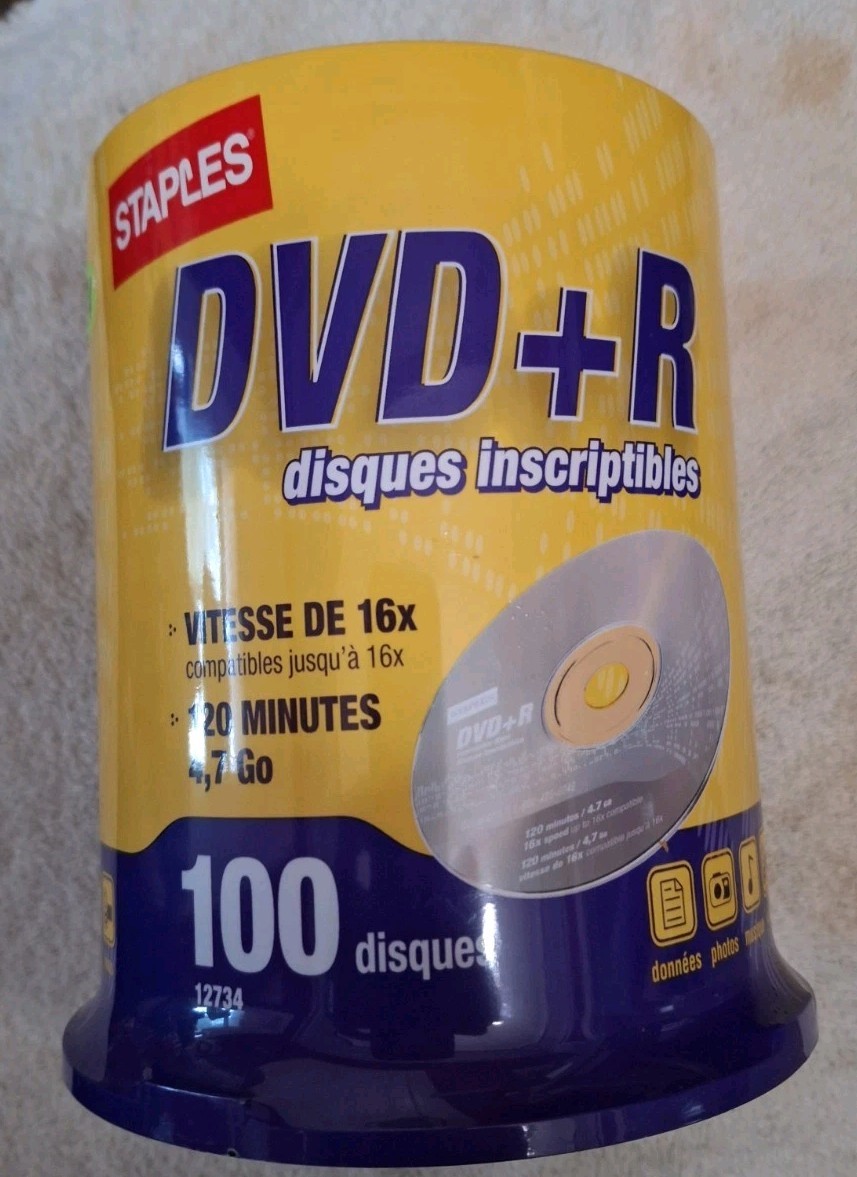 Staples Recordable DVD+R Discs 4.7 GB 16x120min Sealed Package, 100-Pack Spindle