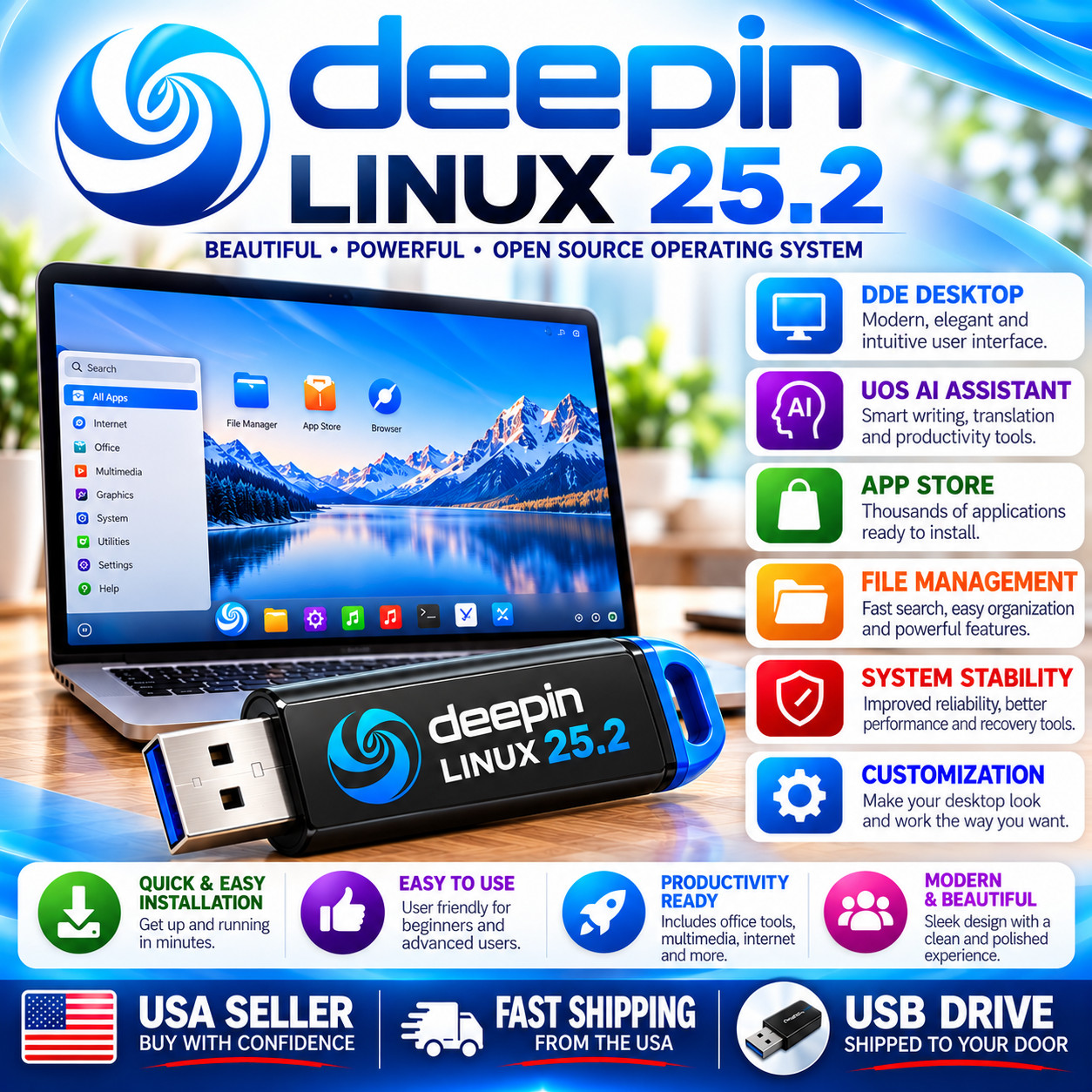 DEEPIN Linux 25.2 Install Bootable USB 64bit Safe, Secure, Easy To Use, Reliable
