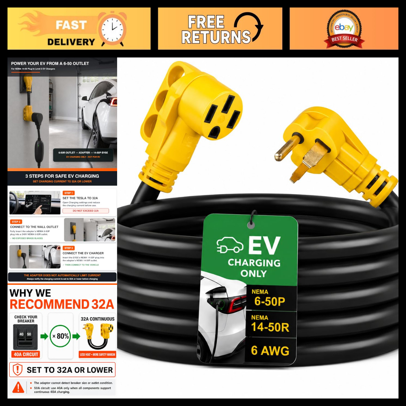 10ft EV Charger Adapter Cord NEMA 6-50P to 14-50R, Heavy Duty 6 AWG/3C Cable