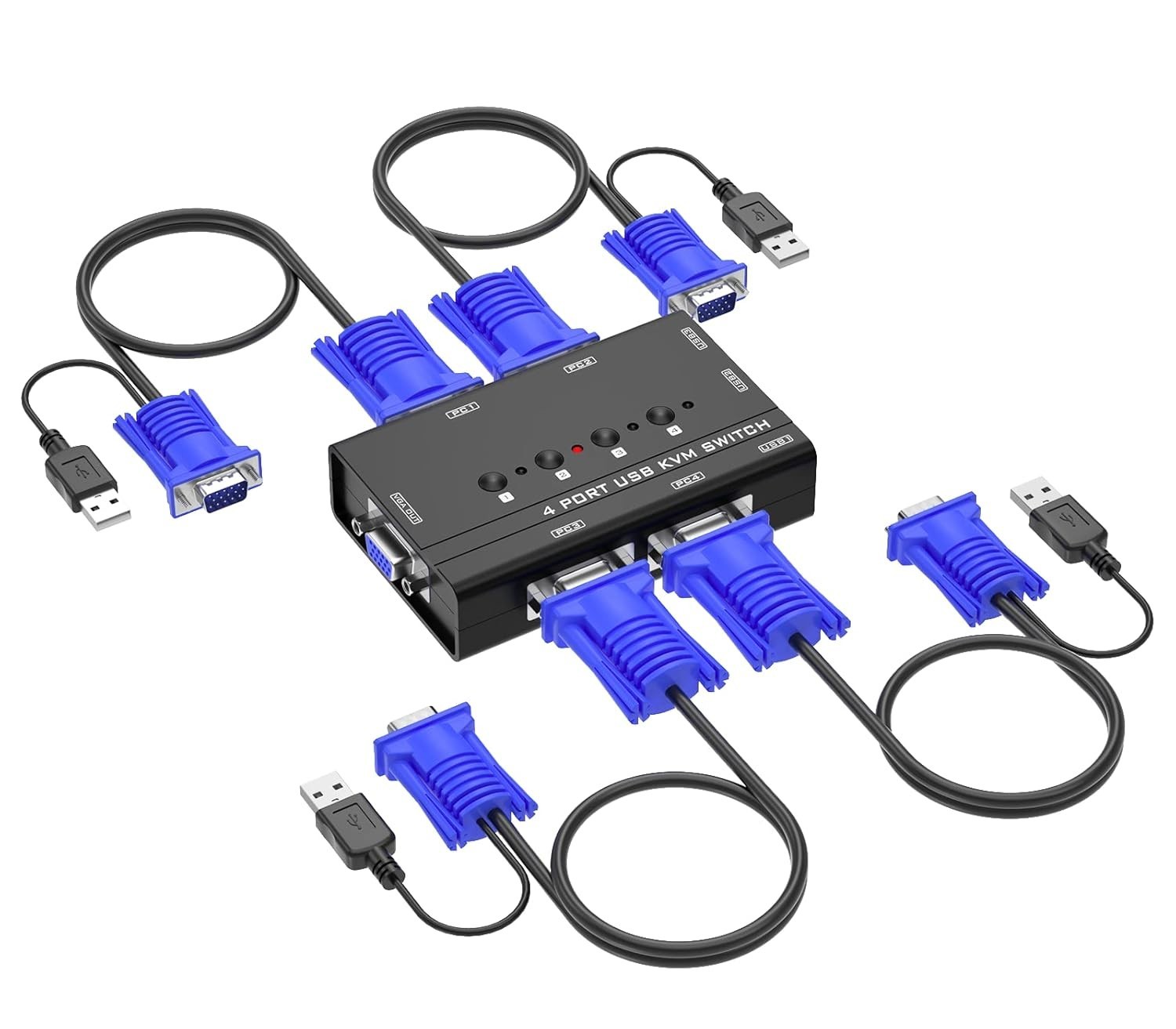 Switch, Yinker 4 Port USB VGA KVM Switch w/4 KVM Cables & 3 USB Hubs for 4 Compu
