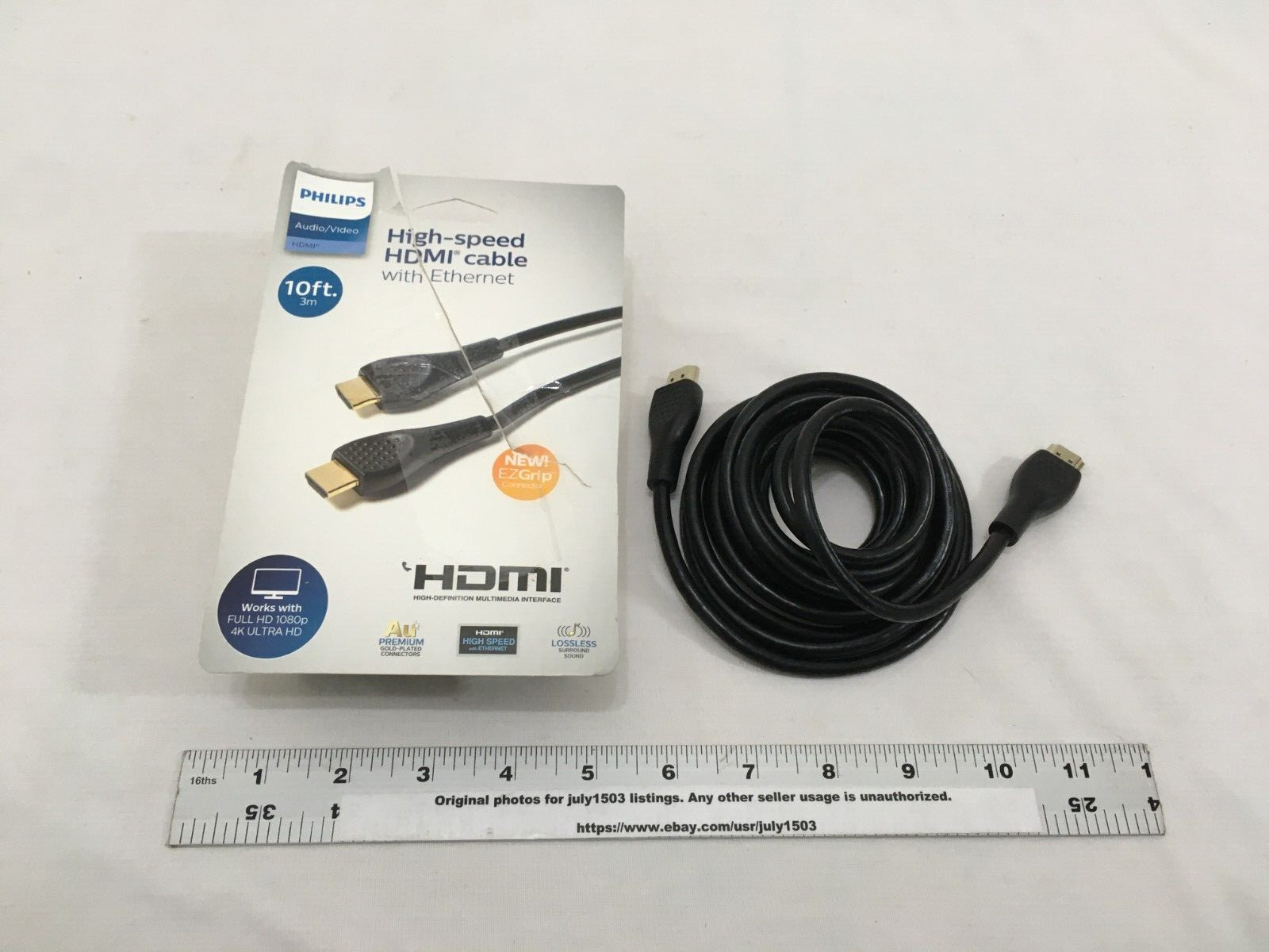 (1) NEW Philips 10-ft High-Speed HDMI Cable w/ Ethernet EZ Grip Connectors (ob)