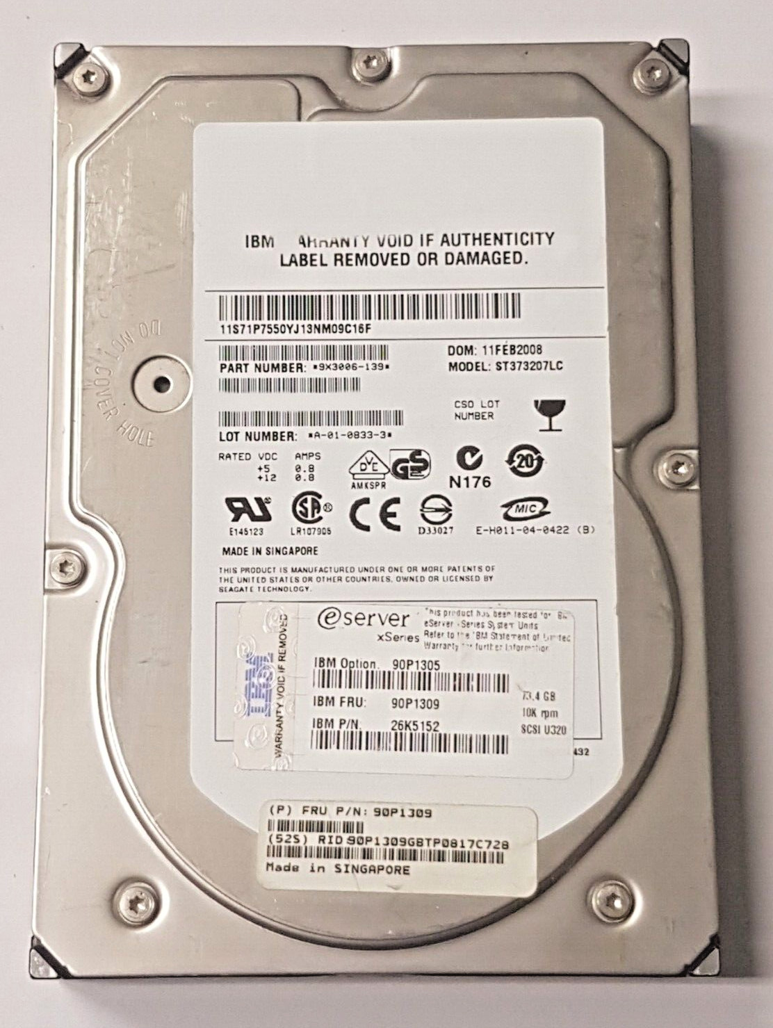 73.4GB IBM 90P1305 FRU: 90P1309 ST373207LC 10K U320 SCSI 80pin 3.5" Hard Drive