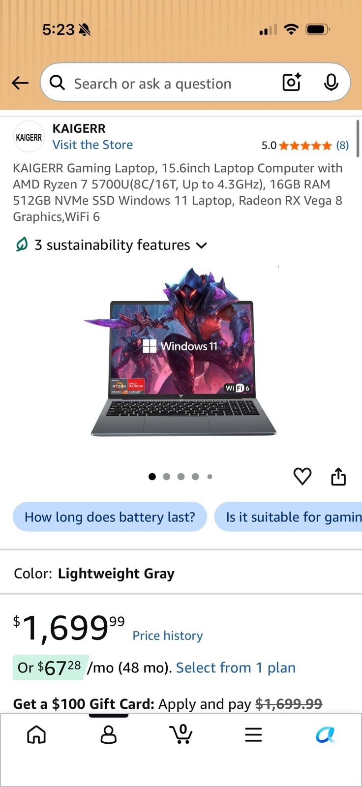 KAIGERR TX16Pro Laptop Win 11, Ryzen 7, 5700U, 16GB DDR4