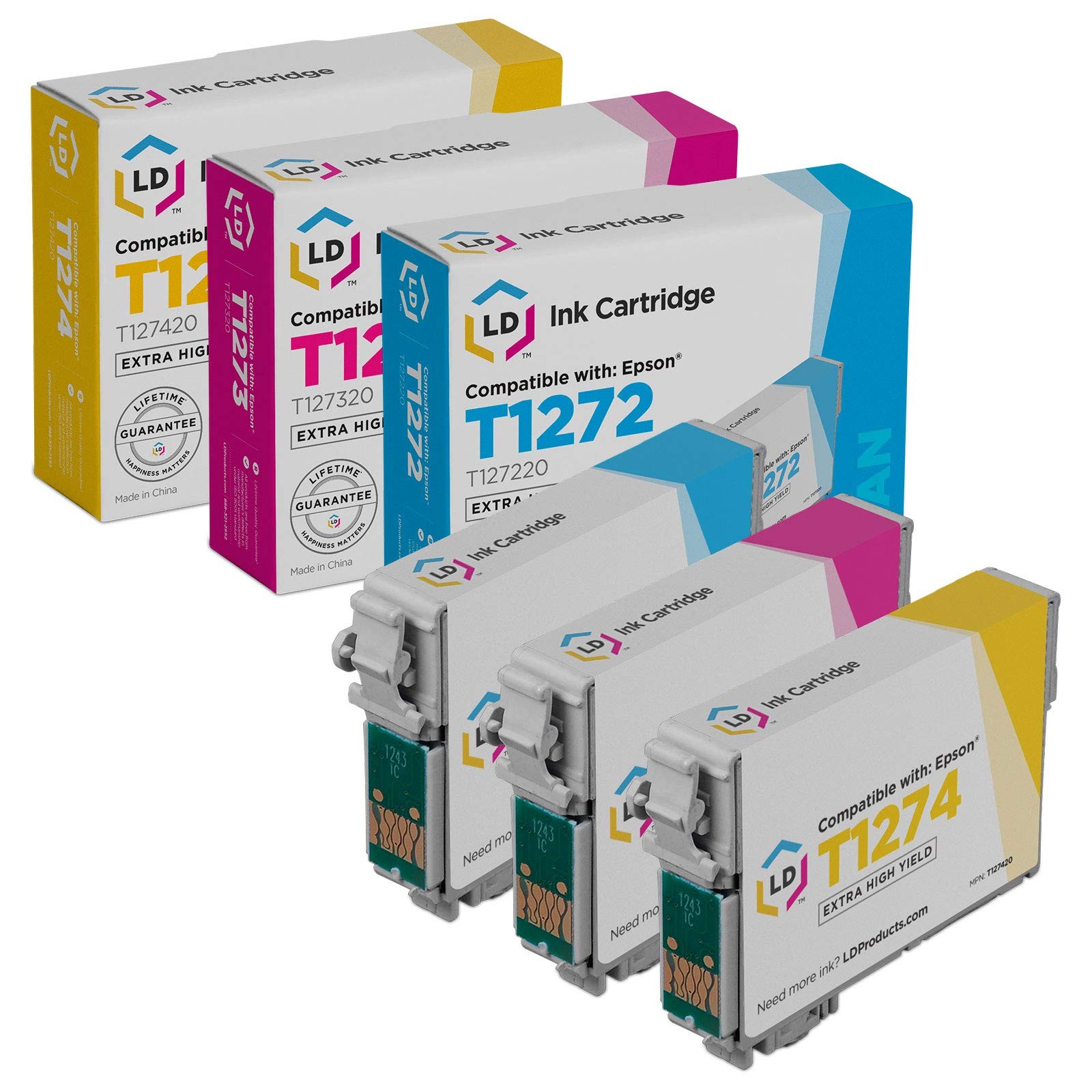 Compatible Ink Replacements for Epson 127 T127 Extra HY (C, M, Y, 3-Pk)