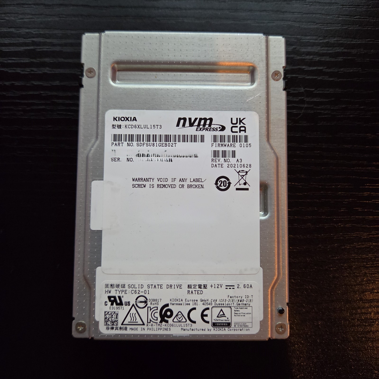 Used Kioxia 15tb U.2 nvme KCD6XLUL15T3