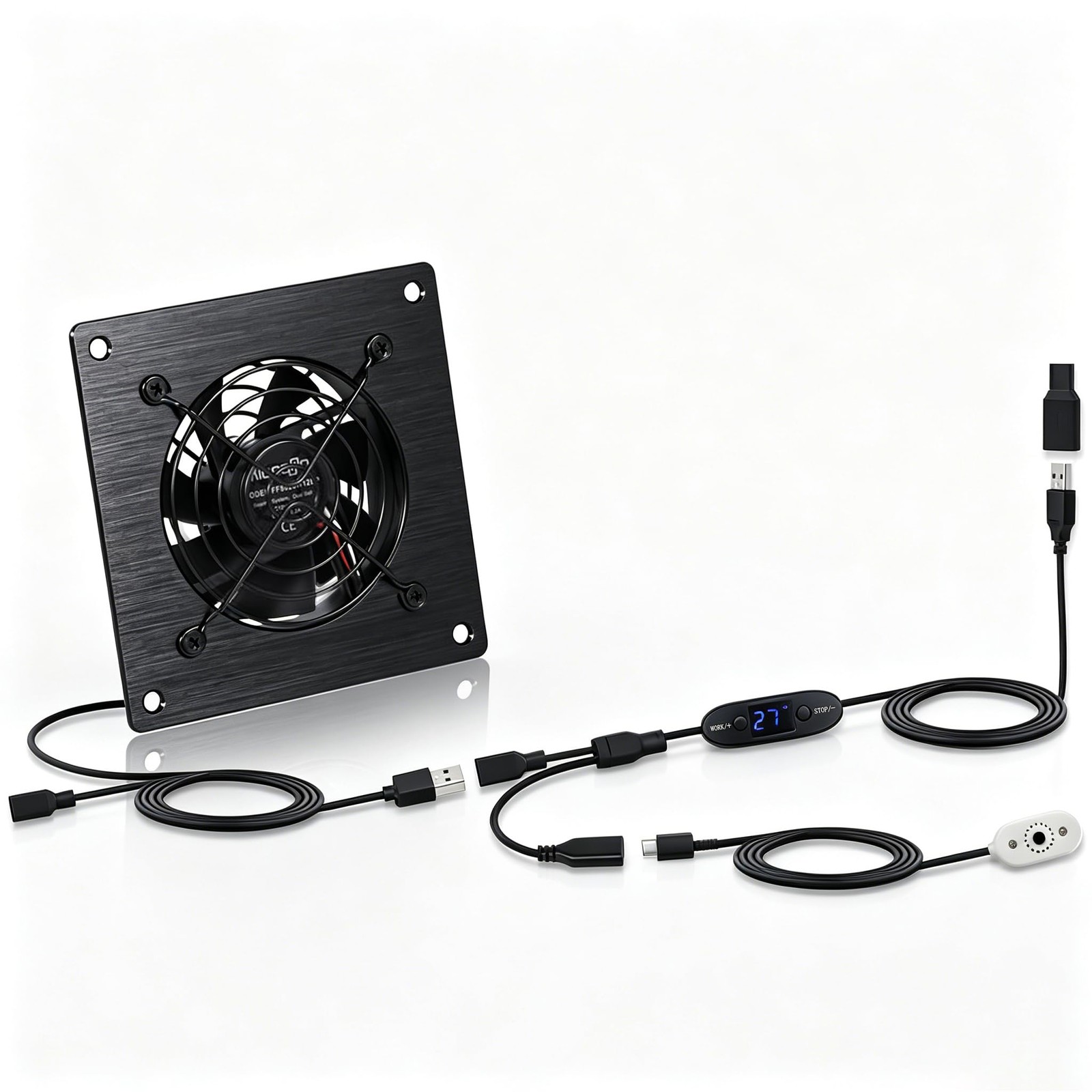 4-Inch 80mm Cabinet Cooling Fan with Thermostat USB 5V/DC 12V Temp Control