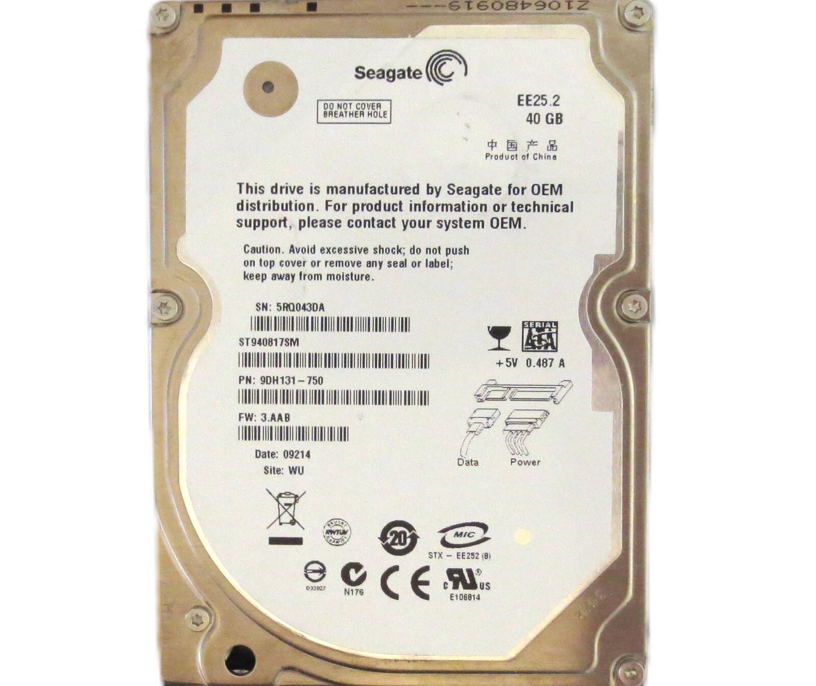 Seagate ST940817SM 9DH131-750 3.AAB (5RQ) WU China 40gb 2.5" Sata HDD 2008