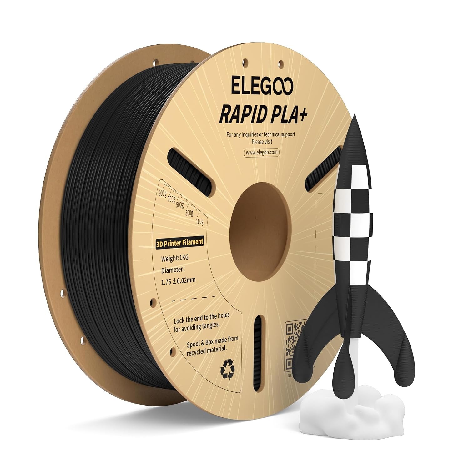 Rapid PLA Plus Filament 1.75mm Black 1KG, PLA+ 3D Printer Filament for 30-600
