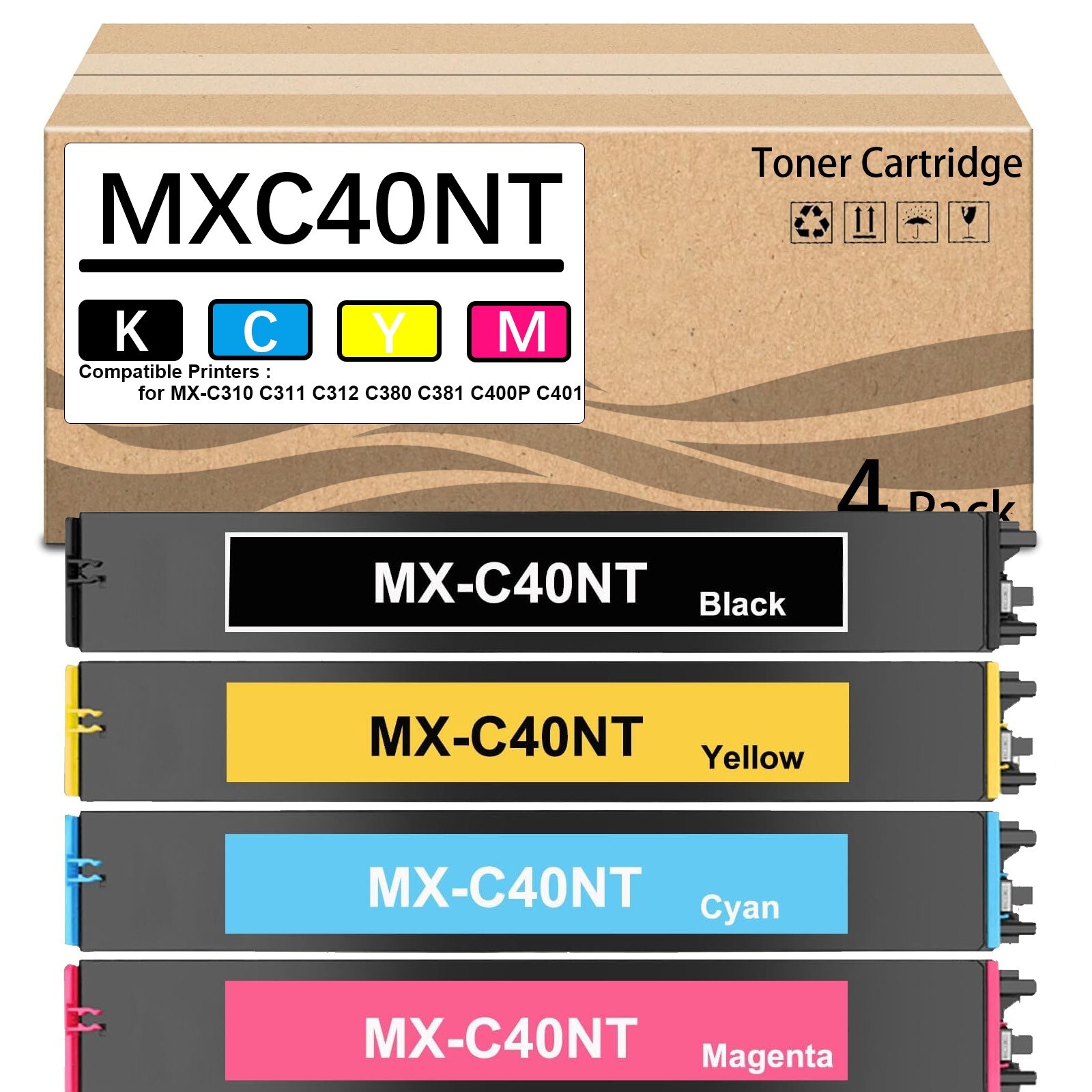 4 Pack MXC40NT Toner Cartridge Replacement for MX-C40NTB MX-C40NTC MX-C40NTM