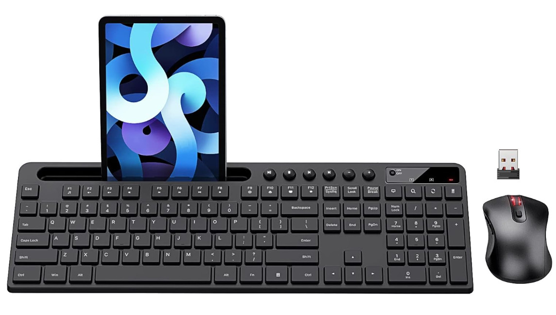 Teclado y Ratón Inalámbricos 2.4G con Soporte para Móvil y Ratón Silencioso