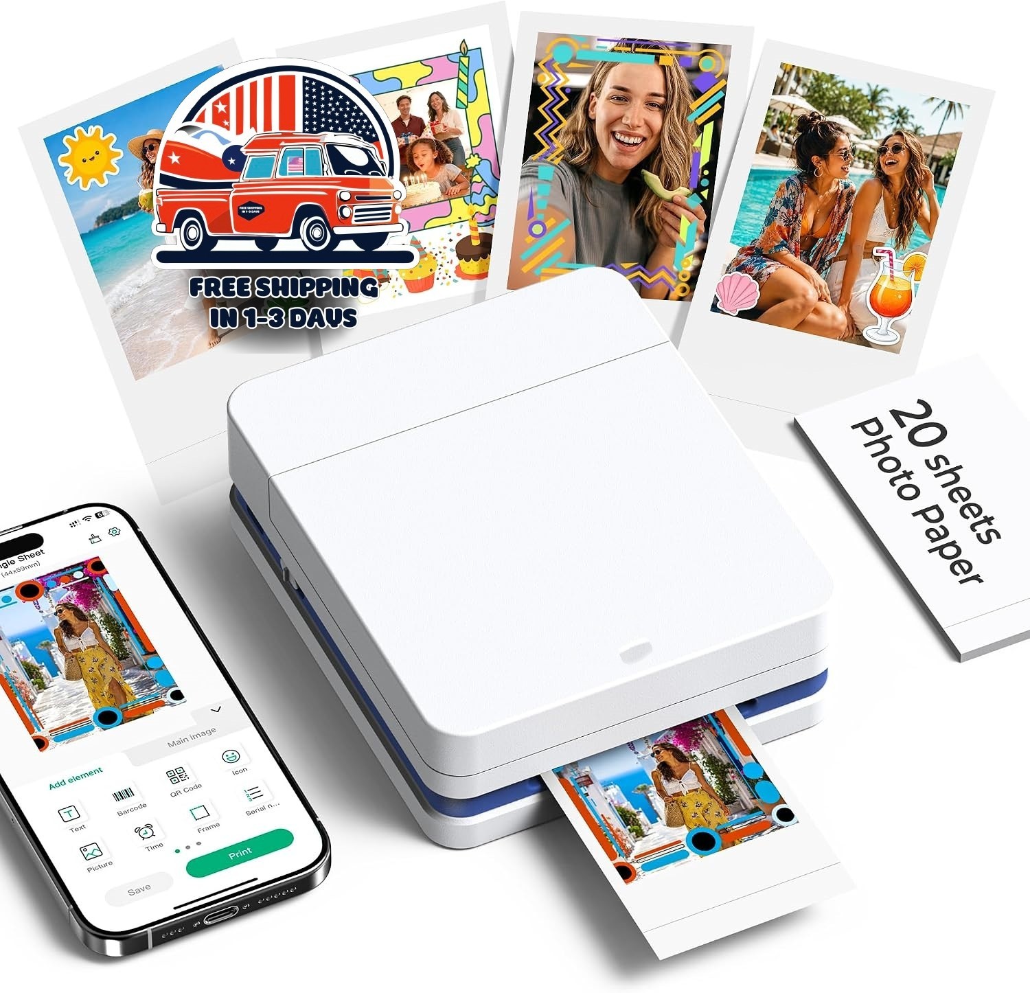 Impresora de fotos instantánea para teléfonos inteligentes, miniimpresora 2x3.