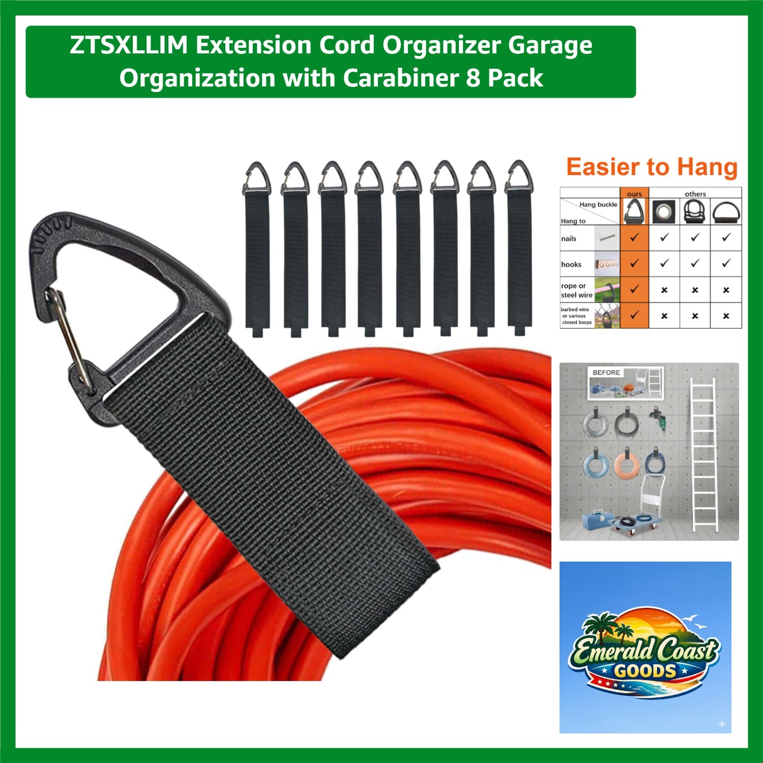 Versatile 16-Inch Extension Cord Organizer with Heavy Duty Carabiner, 8 Pack