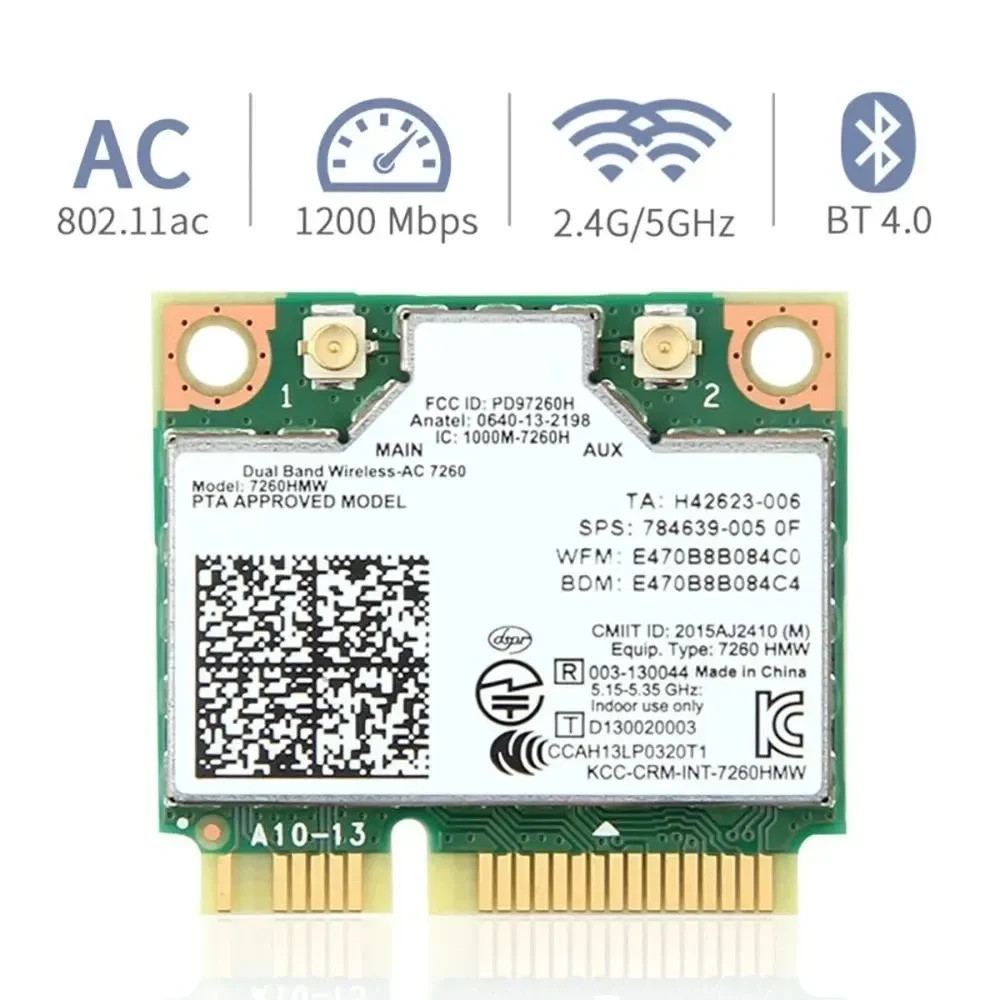 Intel 7260HMW Dual-Band Wireless-AC Card, 802.11ac WiFi + Bluetooth 4.0 for PC