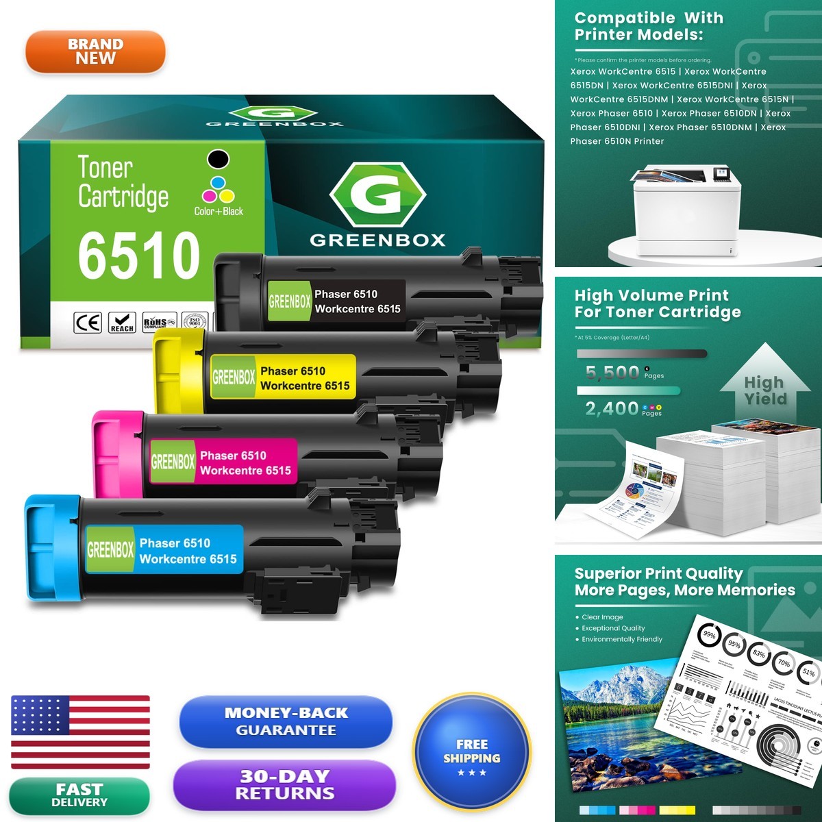 GREENBOX 6510 6515 Toner Cartridges for Phaser 6510 WorkCentre 6515, 4 Pack