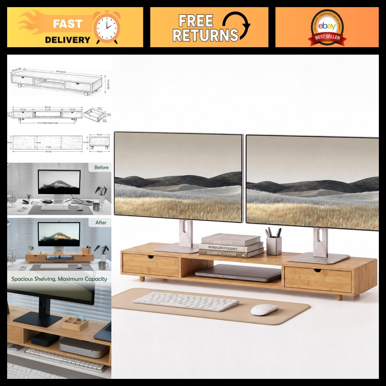 Natural Bamboo Dual Monitor Stand with 2 Drawers - Ergonomic Desk Organizer