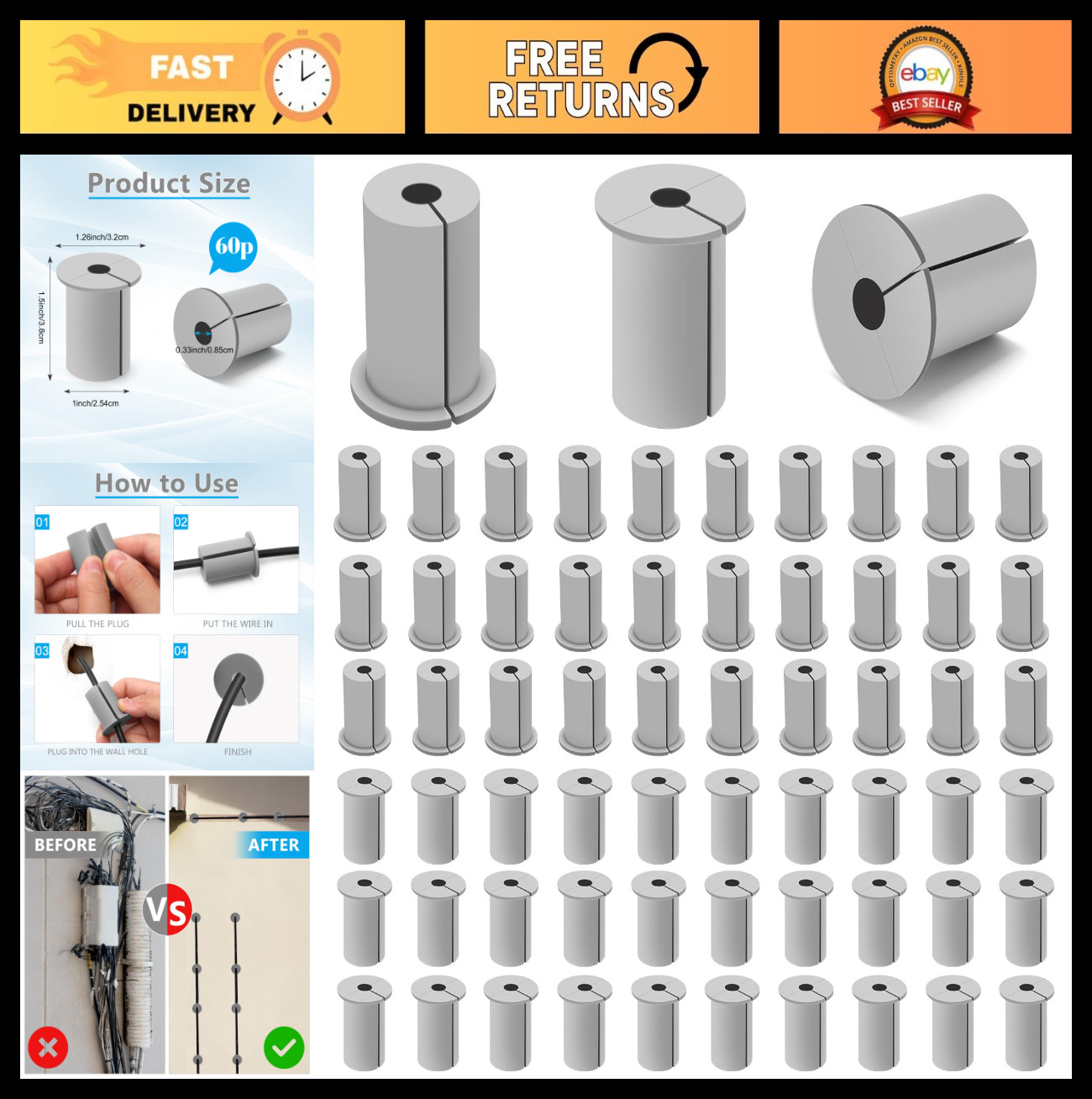 Cable Grommet Routing Kit - 1 Inch Rubber Wall Grommets for Cable Pass Through (